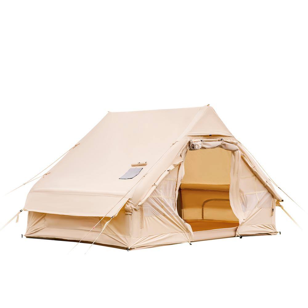 EROMMY  7 ft. x 10 ft. 2-4 Person Inflatable Camping Tent with Pump. 68 sft Cabin Tent. Cotton Canvas Tent in 4 seasons. Beige