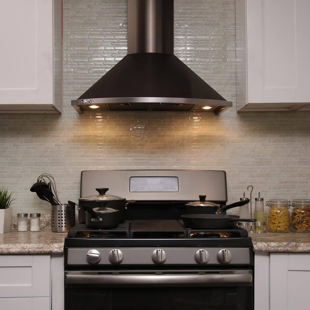 AKDY RH0486 30 in. 343 CFM Convertible Wall Mount Range Hood with Push Button and LED Lights in Black Stainless Steel