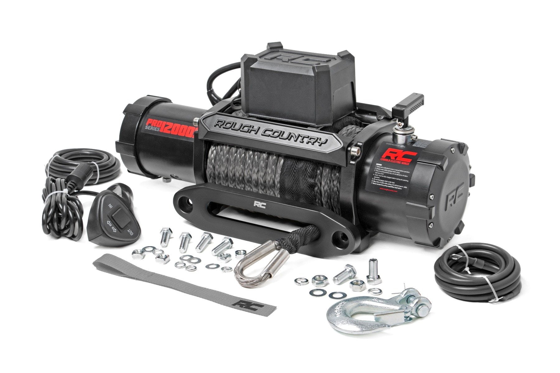 Rough Country 12.000 LB PRO Series Electric Winch . 85 FT Synthetic Rope Fairlead . Clevis Hook . 12FT Remote .PRO12000S
