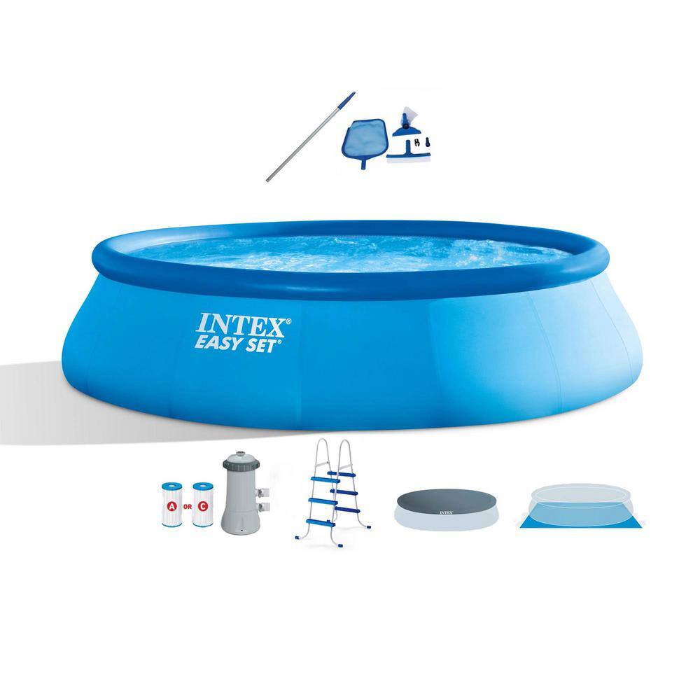 Intex 26165EH + 28002E 15 ft. x 42 in. Round Inflatable Swimming Pool with Ladder. Cover. Pump. Vacuum and Pole