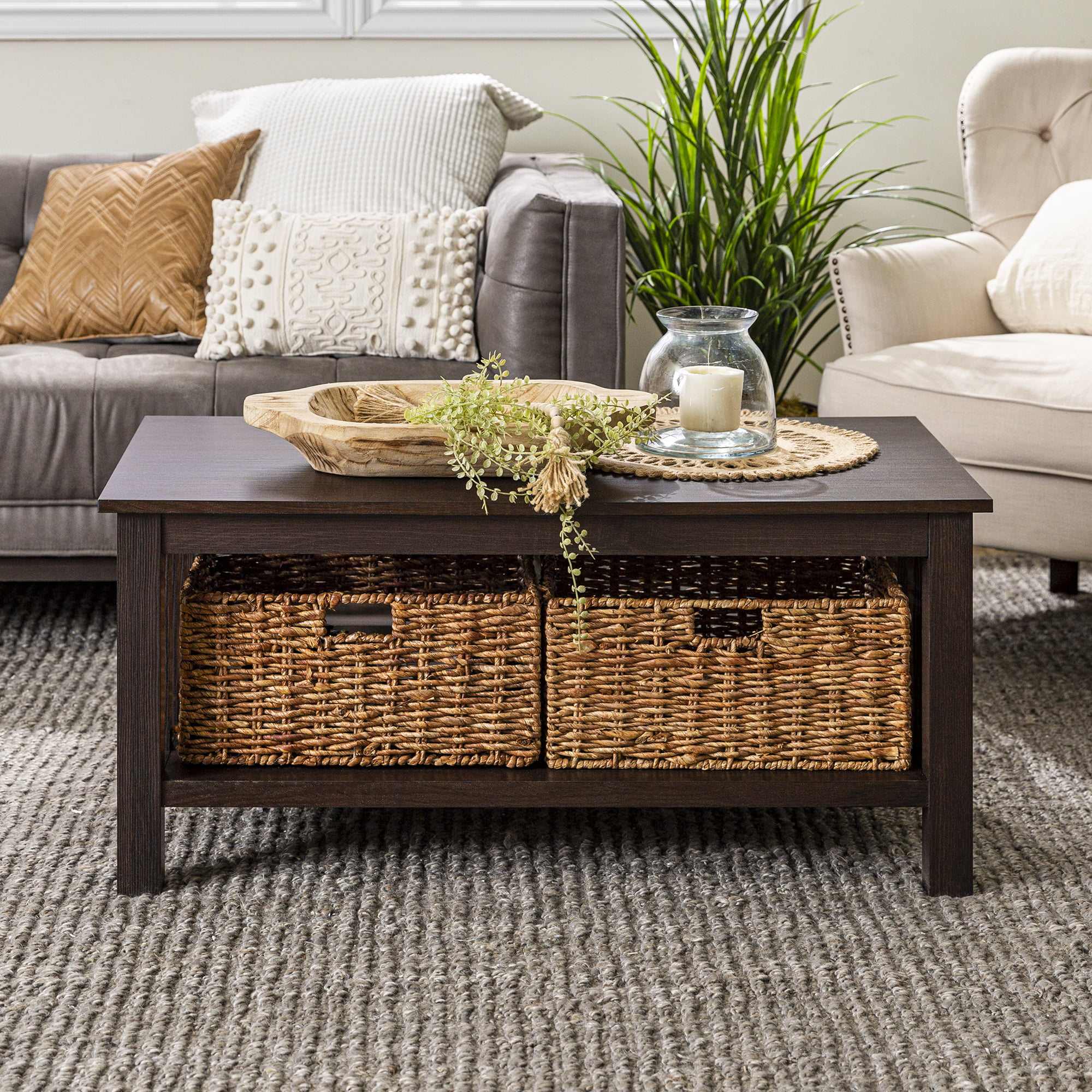 Woven Paths Traditional Storage Coffee Table with Bins. Espresso