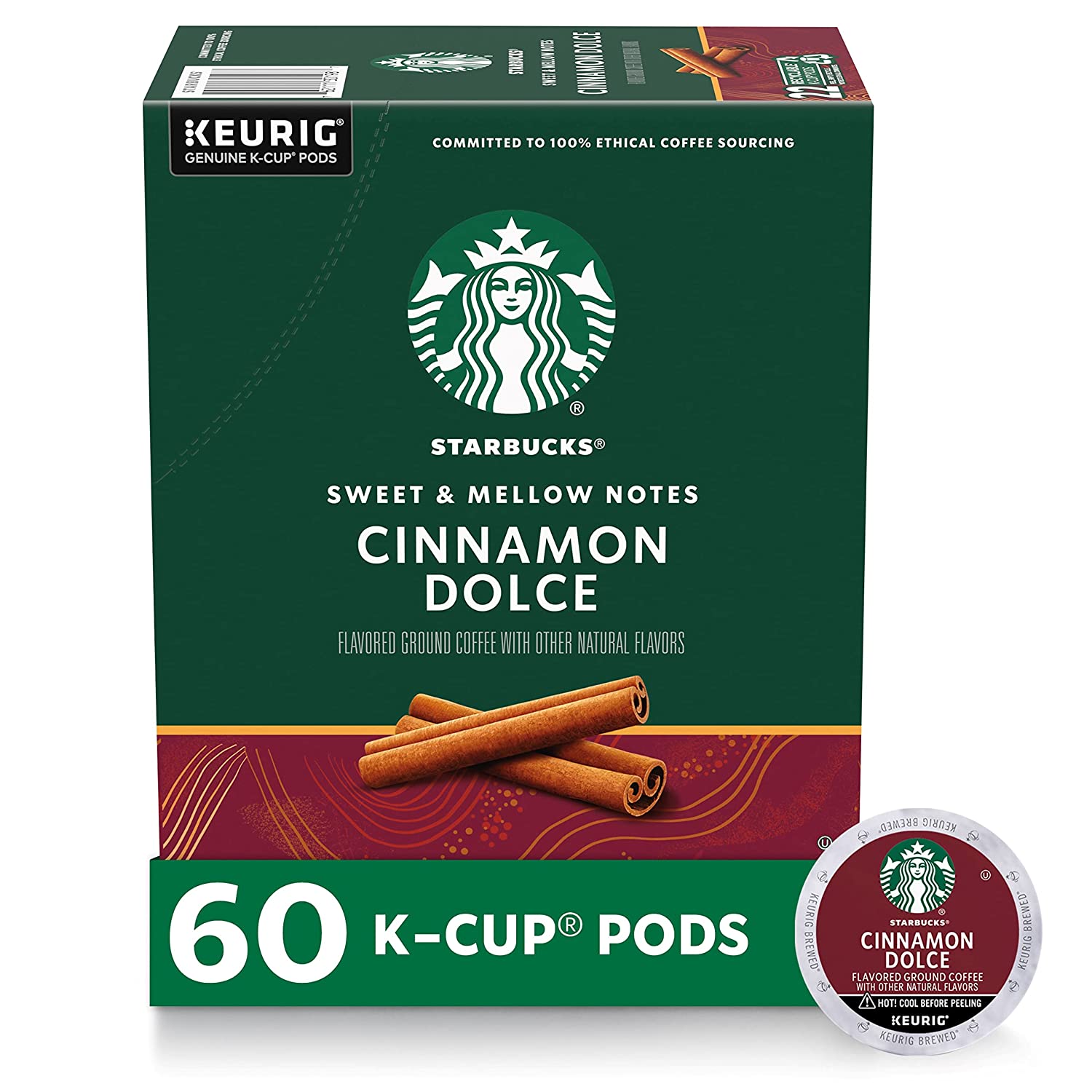 Starbucks K-Cup Coffee Pods. Cinnamon Dolce Flavored Coffee for Keurig Brewers. Naturally Flavored. 100% Arabica. 6 boxes (60 pods total)
