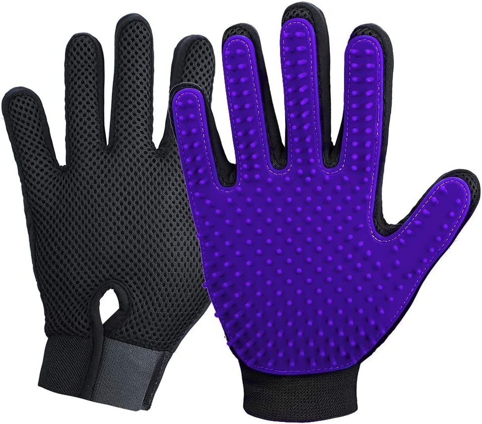 Pet Grooming Glove Purple - Gentle Deshedding Brush Glove - Efficient Pet Hair Remover Mitt - Enhanced Five Finger Design - Perfect for Dog and Cat with Long & Short Fur 1 Pair