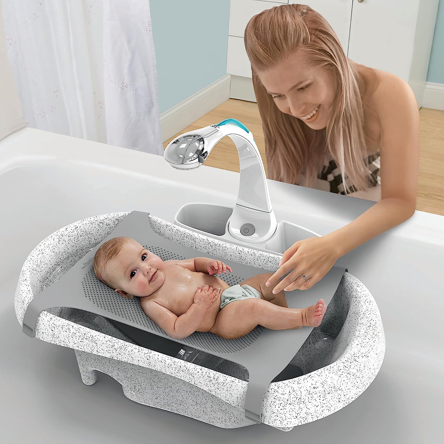 The First Years Rain Shower Baby Bathtub — Baby Spa for Newborn to Toddler — Includes Convertible Bathtub and Sling with Soothing Spray — Baby Bath Essentials