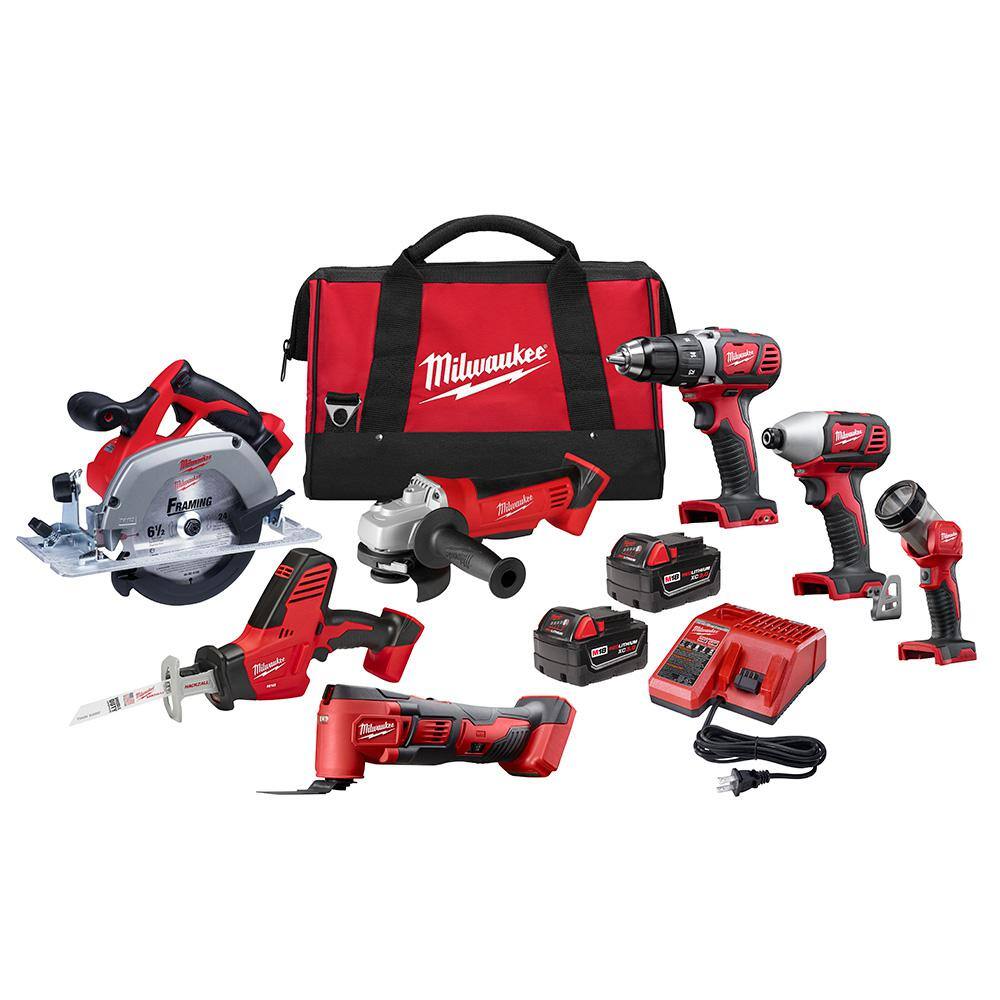 Milwaukee 1005146381 M18 18V Lithium-Ion Cordless Combo Tool Kit (7-Tool) with Two 3.0 Ah Batteries. Charger and Tool Bag