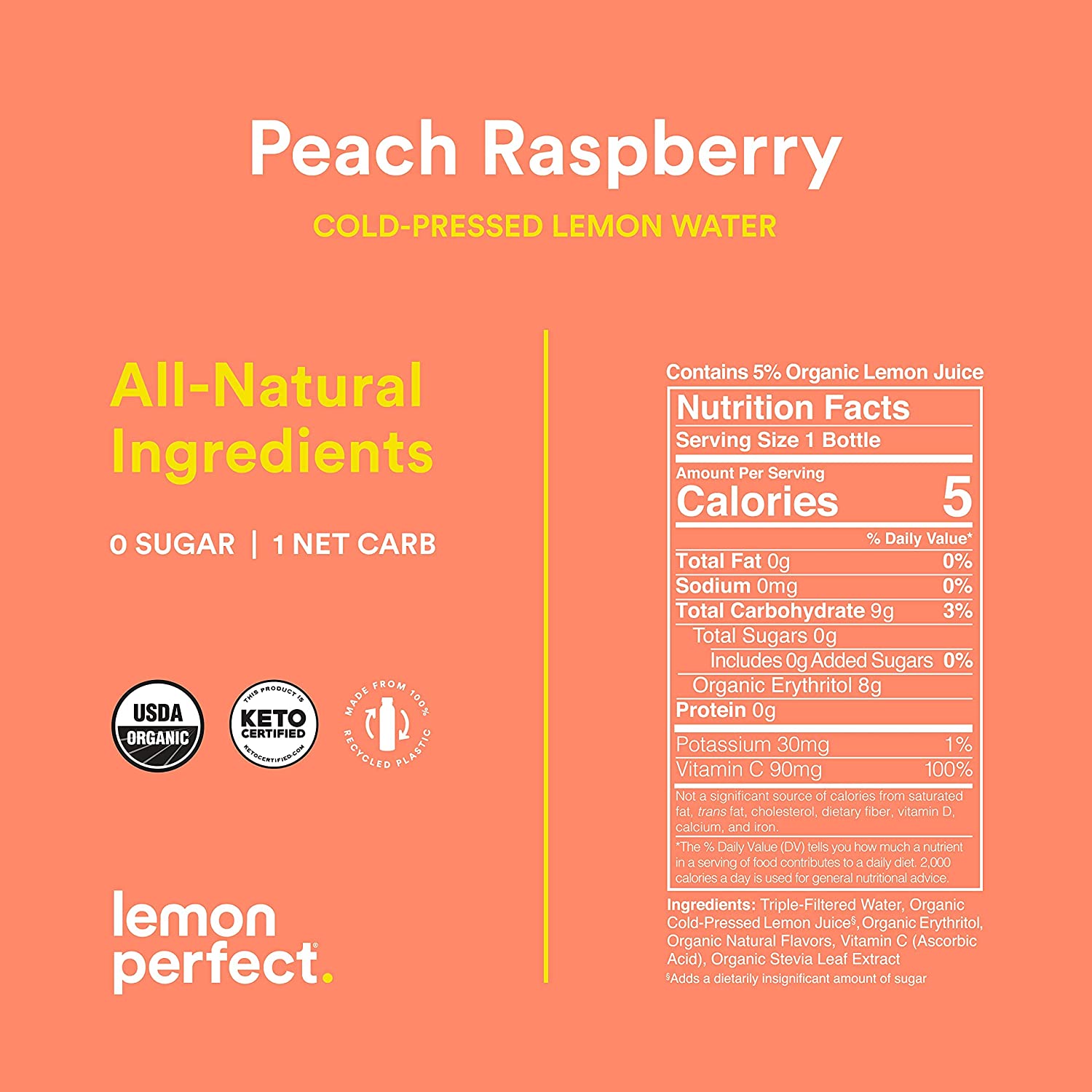 Lemon Perfect. Organic Cold-Pressed Lemon Water. Flavored Water. Peach Raspberry (12-Pack)