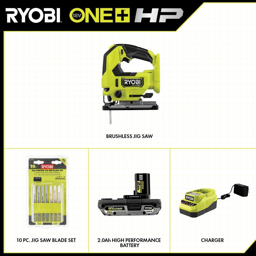 RYOBI PBLJS01K1-A14AK101 ONE+ HP 18V Brushless Cordless Jig Saw Kit w/ 2.0 Ah HIGH PERFORMANCE Battery. Charger. & (10-Piece) Jig Saw Blade Set