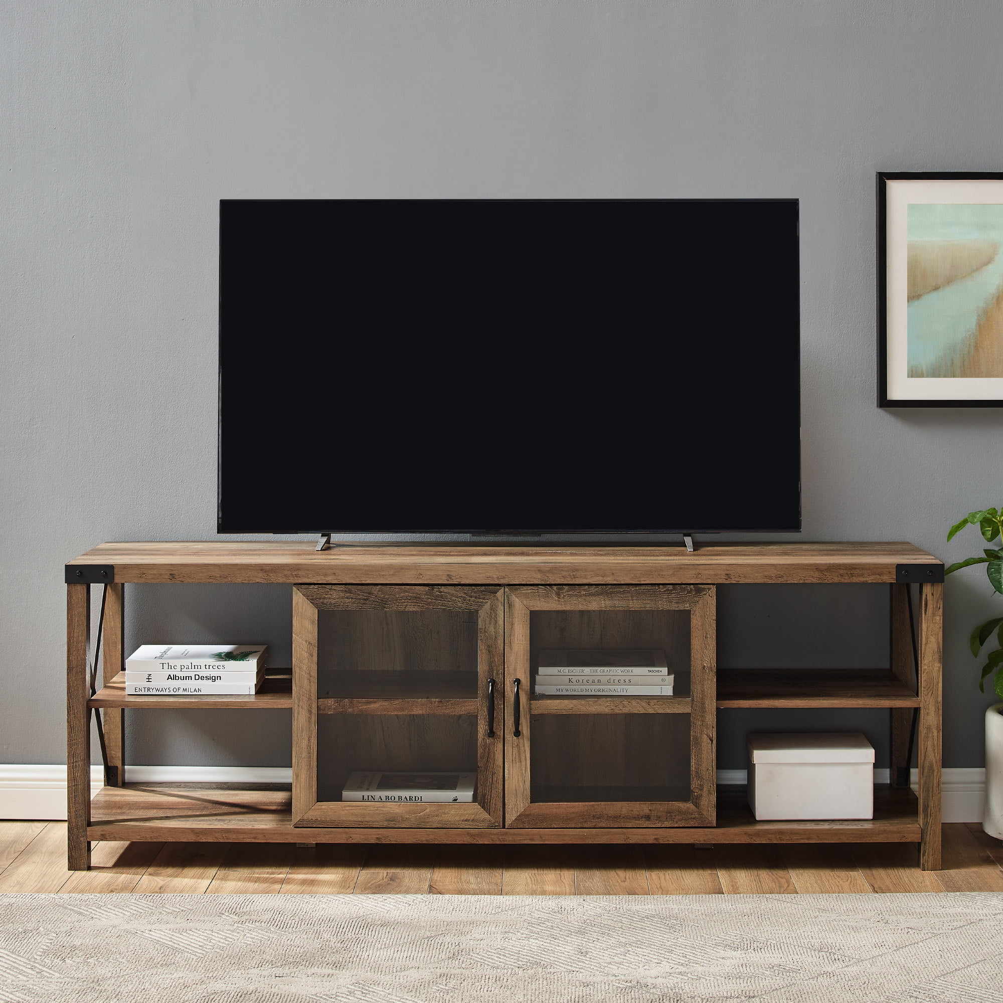 Woven Paths Farmhouse 2 Door Metal X TV Stand for TVs up to 80″. Reclaimed Barnwood