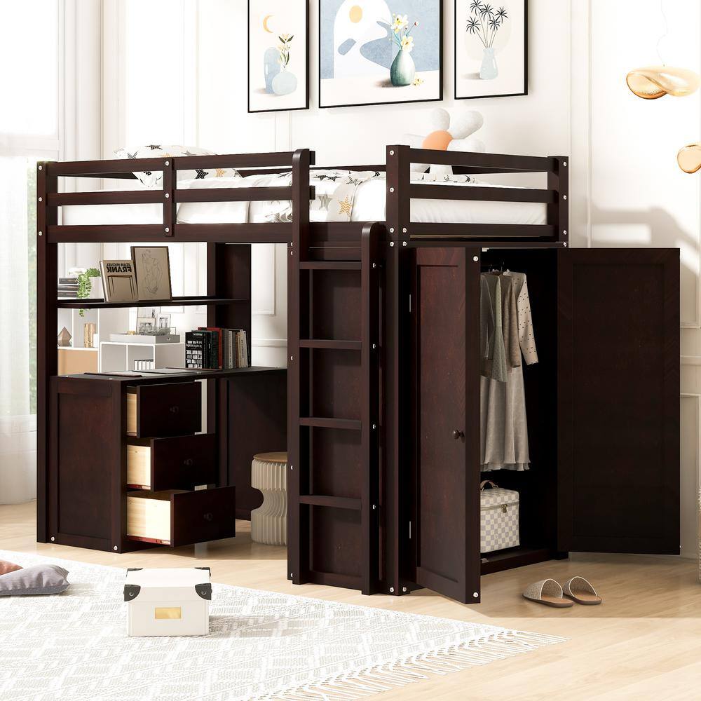 Harper & Bright Designs  Espresso Twin size Loft Bed with Drawers. Desk and Wardrobe