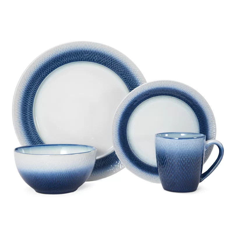 Pfaltzgraff 5154855 Eclipse Blue 16-Piece Stoneware Round Dinnerware Set. Blue/White