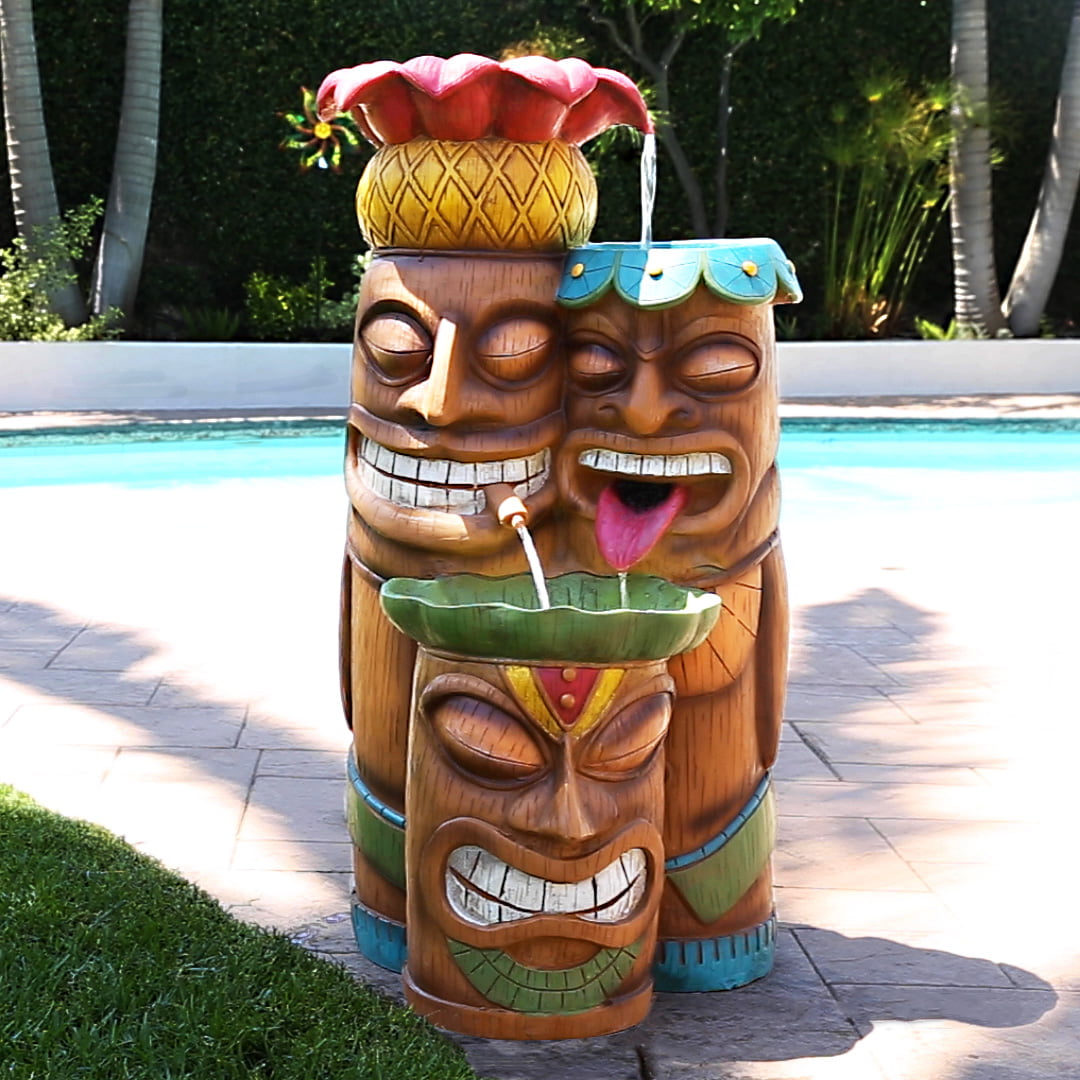 Alpine Outdoor Tiki Head Polyresin Electric Fountain with LED Light. 35 inch Tall