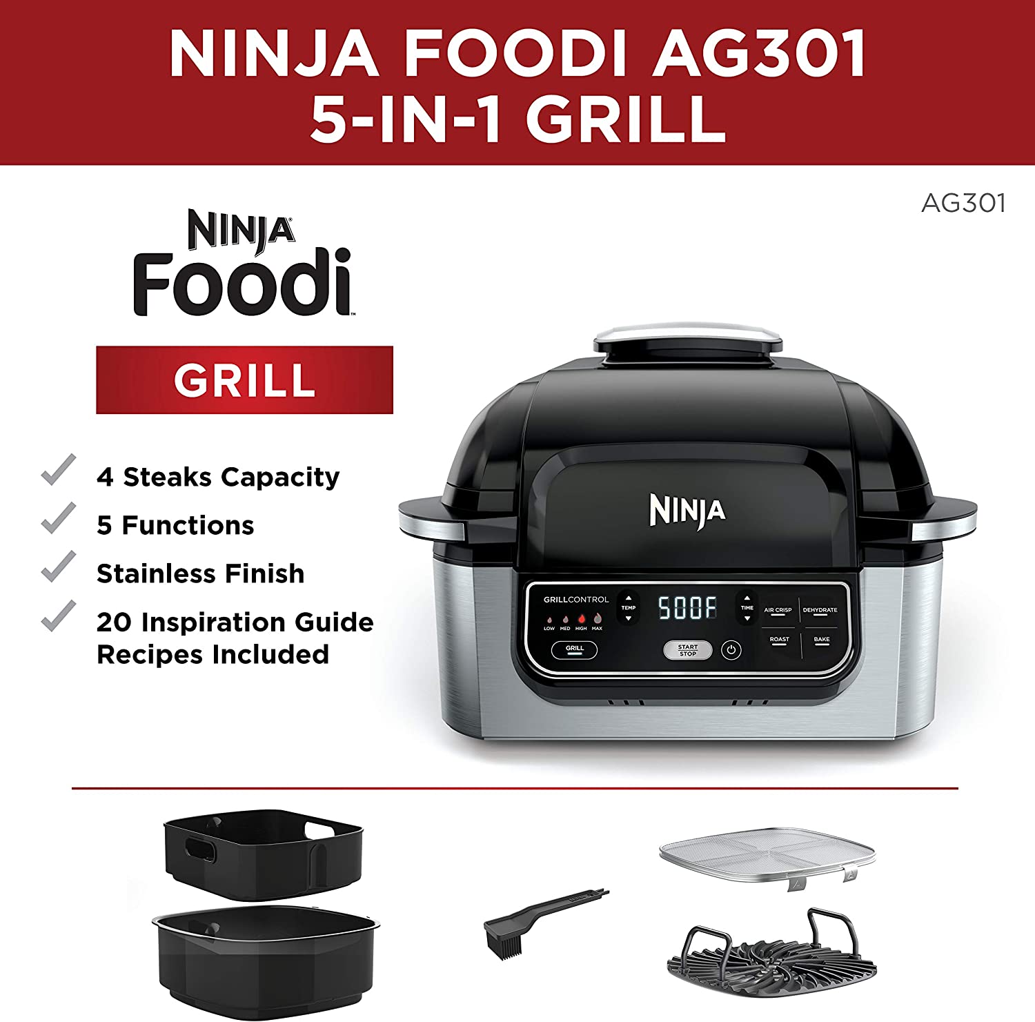 Ninja AG301 Foodi 10-in L x 10-in W Non-stick Residential. 5-in-1 Indoor Grill with Air Fry. Roast. Bake & Dehydrate. Black/Silver