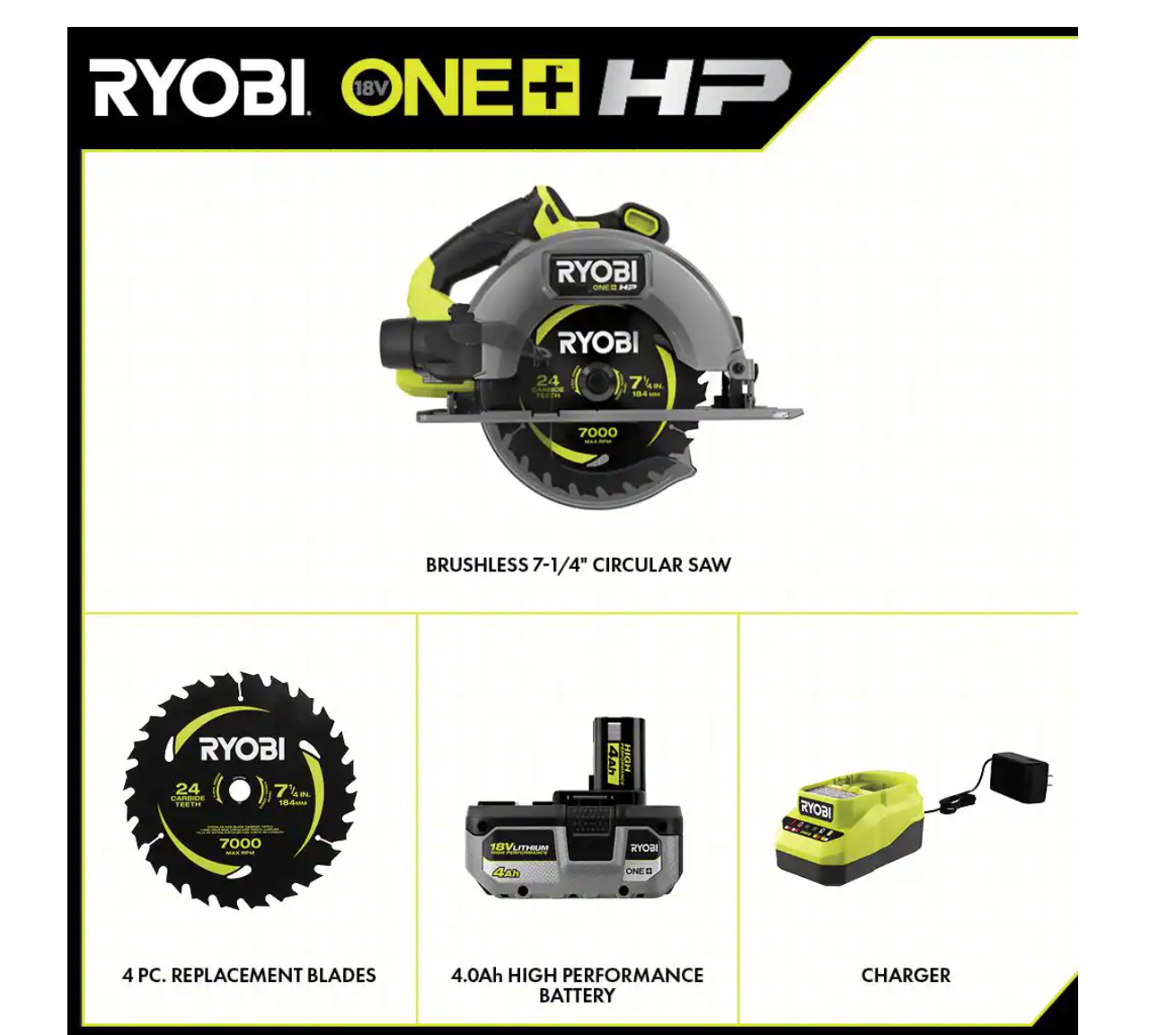 RYOBI PBLCS300K1-A067401 ONE+ HP 18V Brushless Cordless 7-1/4 in. Circular Saw Kit with 4.0 Ah Battery. Charger. and (4-Piece) Replacement Blades