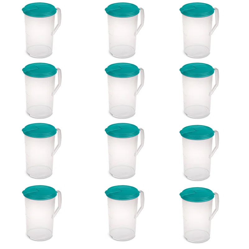 Sterilite 1-Gallon Round Plastic Pitcher and Spout. Clear w/ Color Lid (12 Pack)