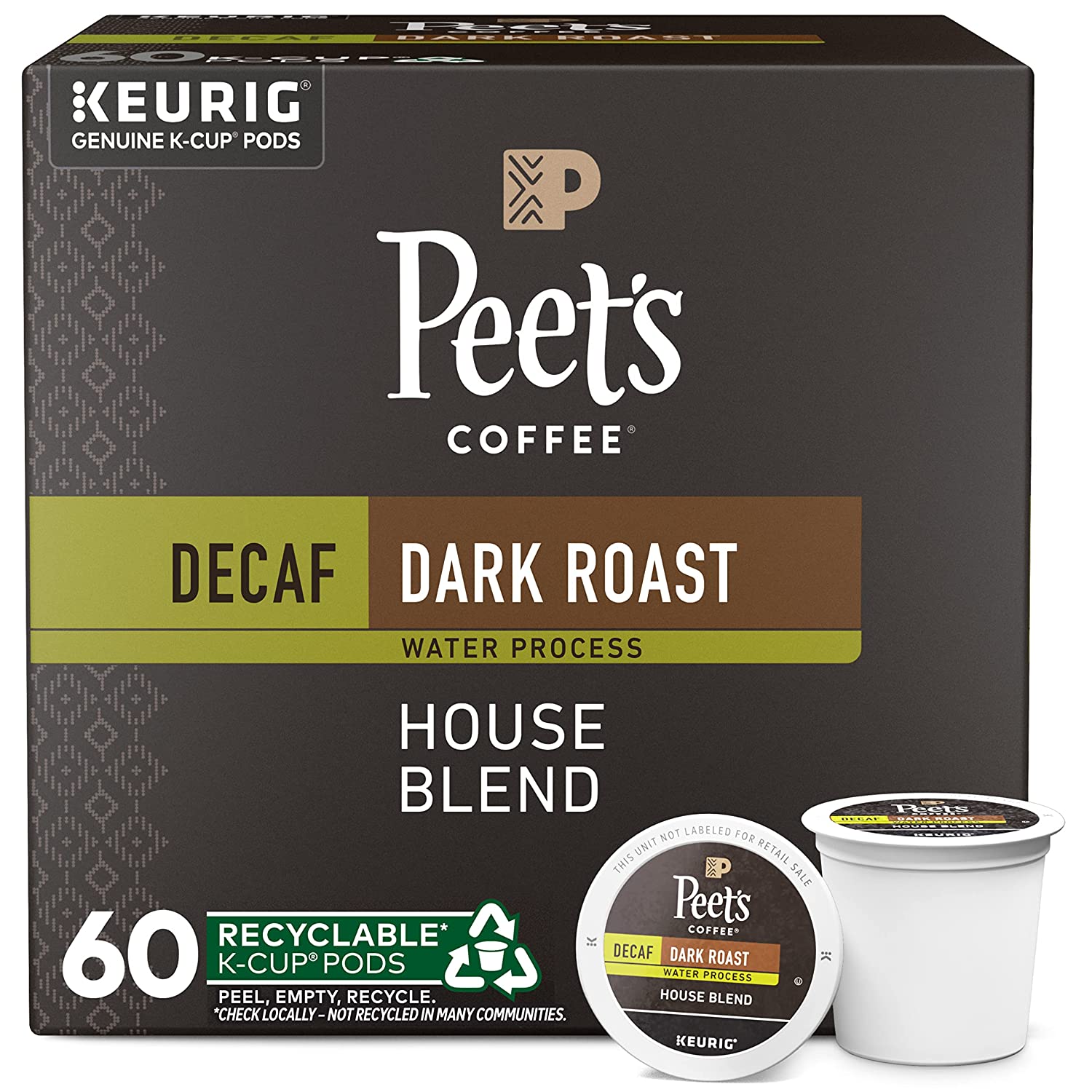 Peet-s Coffee. Dark Roast Decaffeinated Coffee K-Cup Pods for Keurig Brewers - Decaf House Blend . 10 count (Pack of 6)