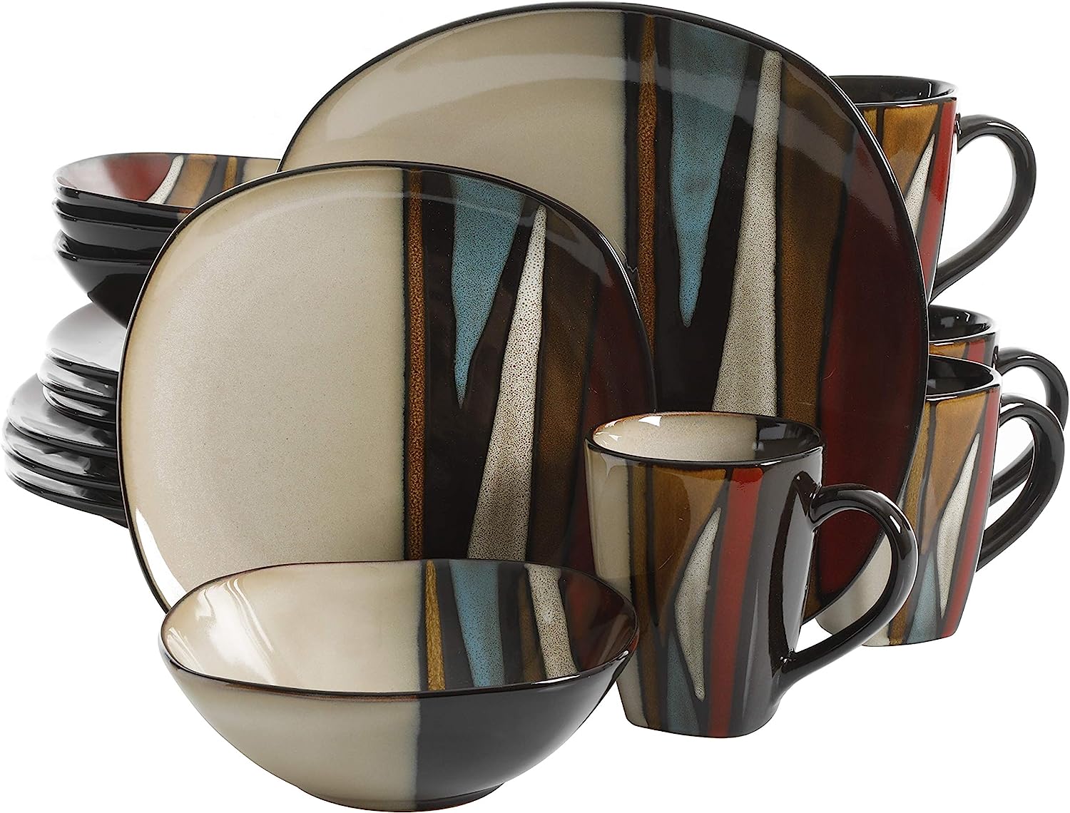 Gibson Elite Volterra Square Reactive Glaze Stoneware Dinnerware Set. Service for 4 (16pcs). Red and Grey