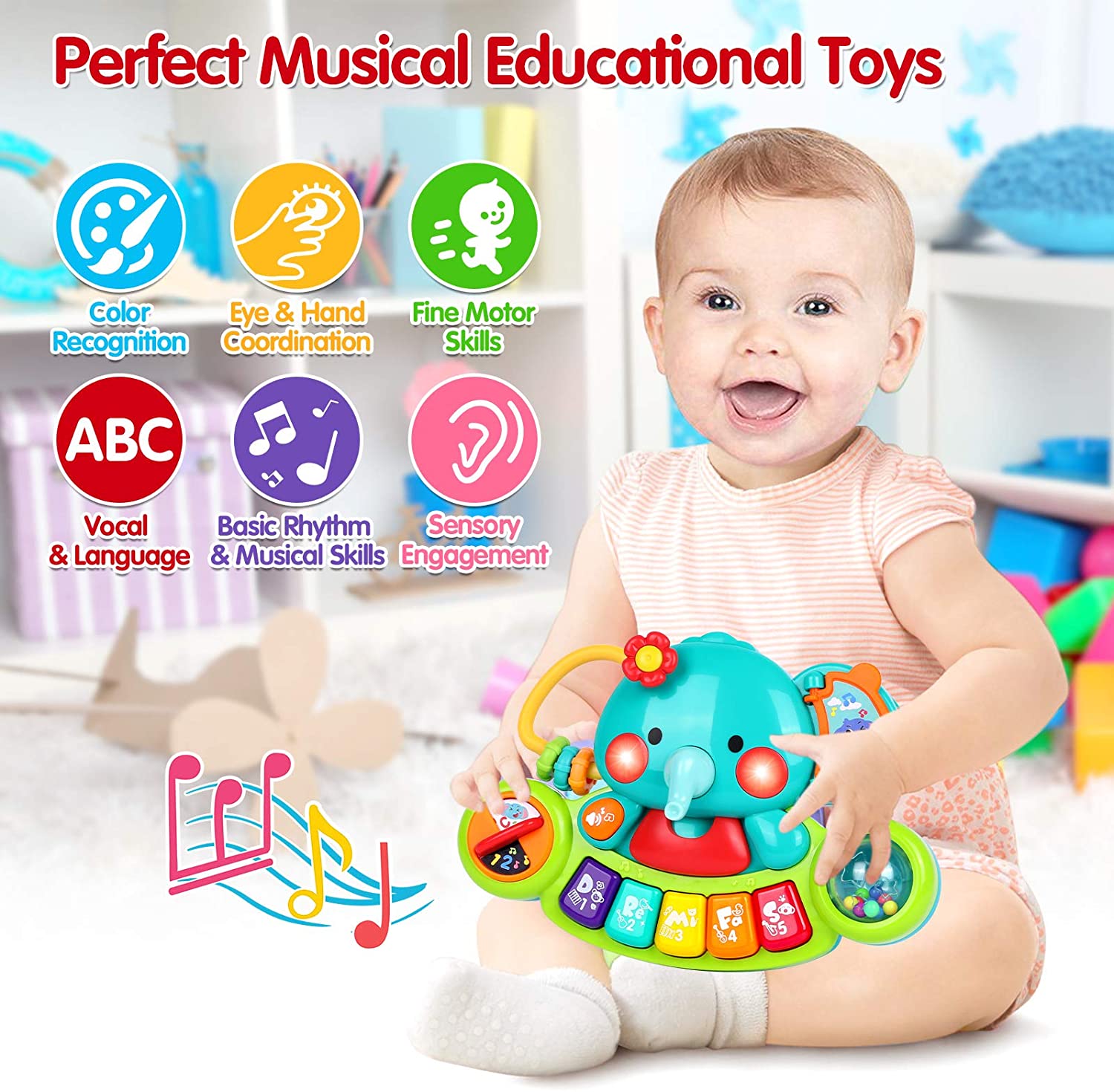 Baby Piano Toy 6 to 12 Months Elephant Light Up Music