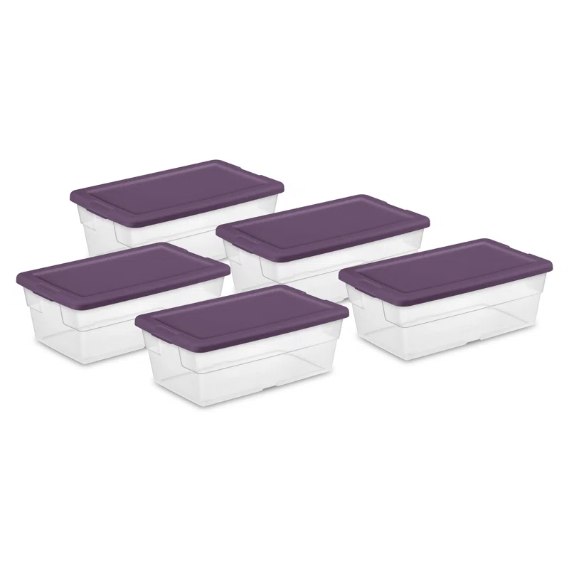 Sterilite Stackable 6 Qt Storage Box Container. Clear. Purple Lid (90 Pack)