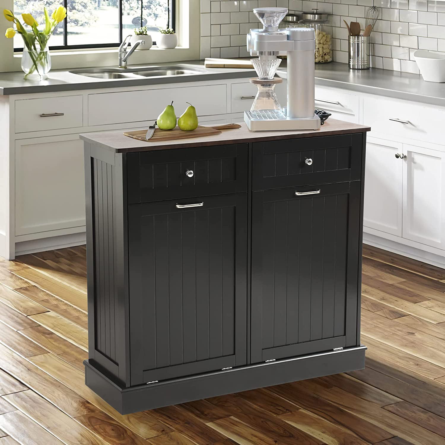 KIGOTY Dual Kitchen Trash Cabinet. Double Tilt Out Trash Can Cabinet with Countertop and Drawer. Free-Standing Pet Proof Recycling Cabinet Garbage Can Holder (Black)
