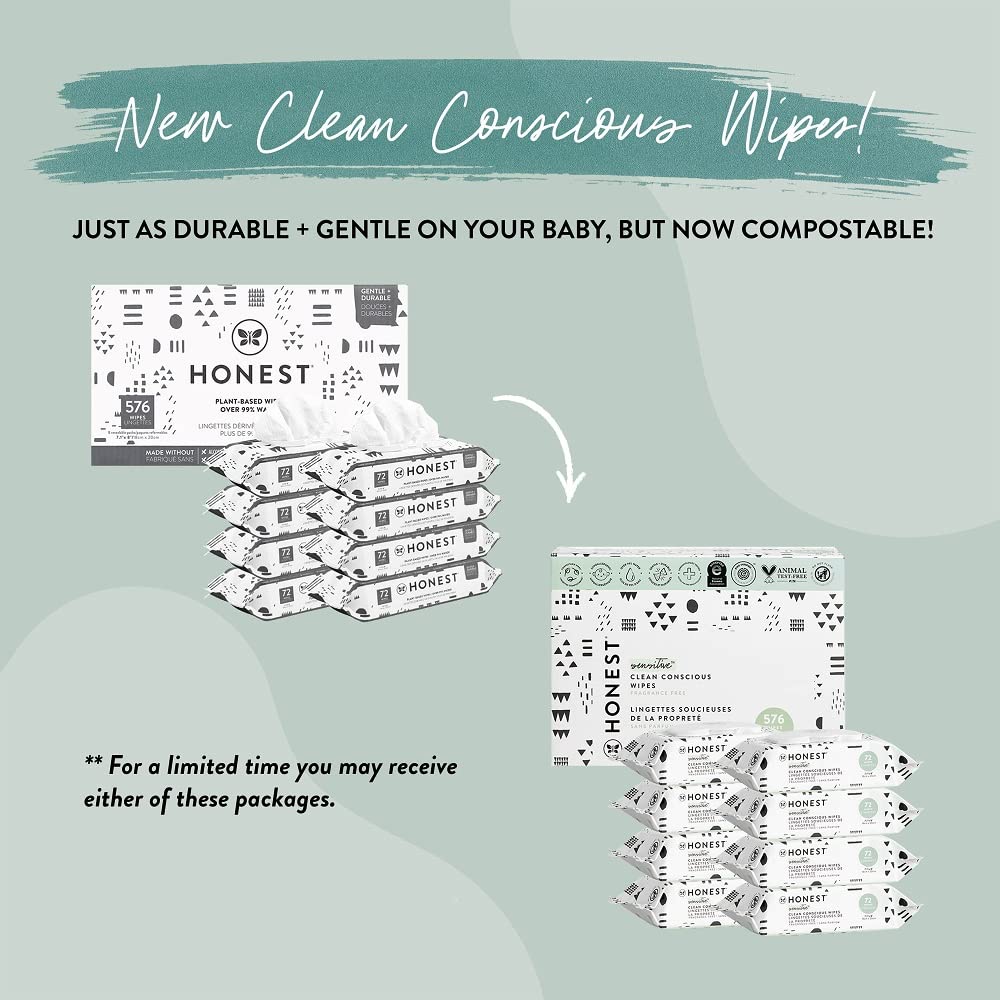 The Honest Company Clean Conscious Wipes | 99% Water. Compostable. Plant-Based. Baby Wipes | Hypoallergenic. EWG Verified | Pattern Play. 576 Count