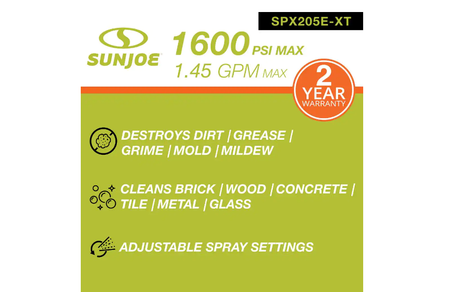Sun Joe SPX205E-XT 1600 PSI Max 1.45 GPM 11 Amp Cold Water Electric Pressure Washer with Adjustable Spray Wand