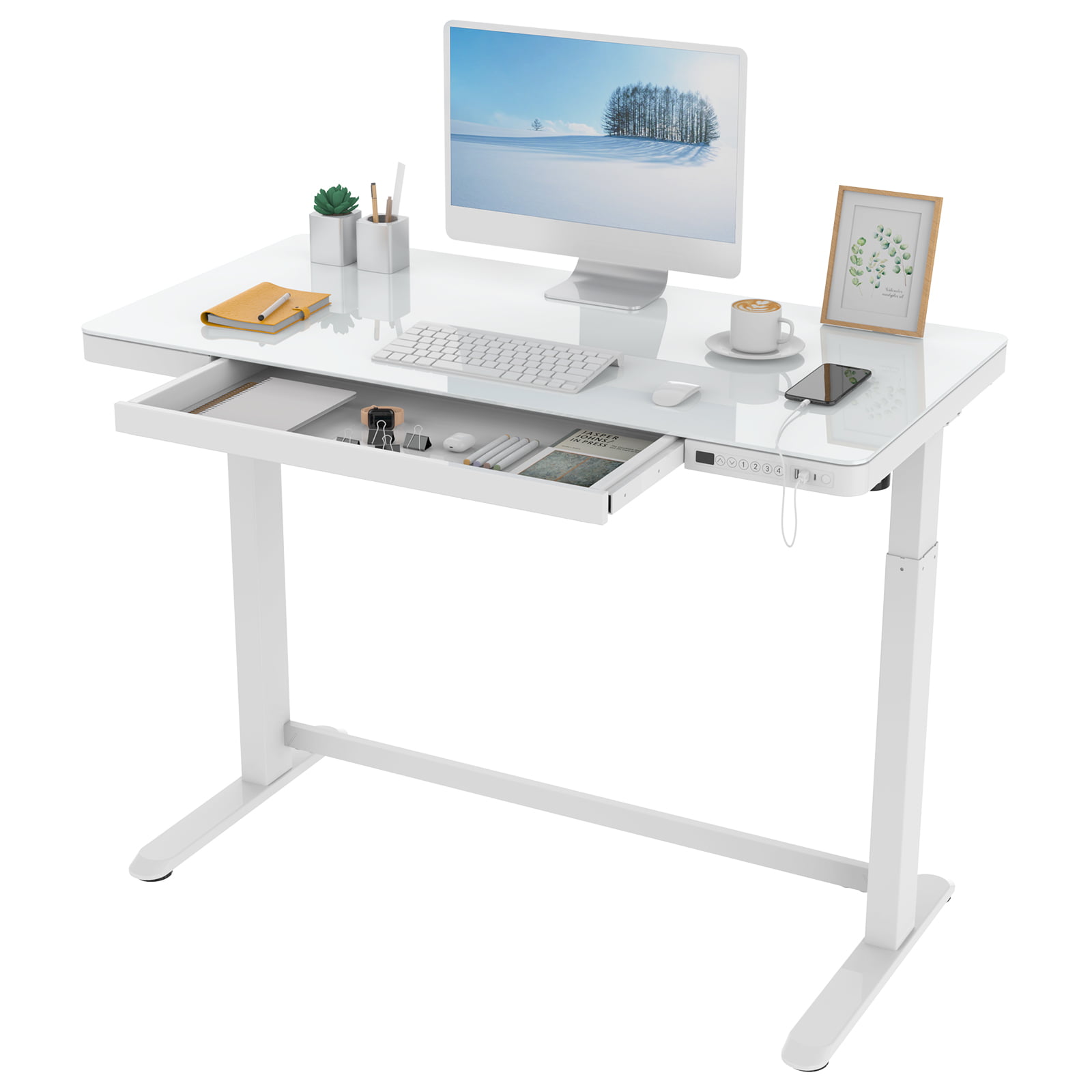 FlexiSpot 48″ W Ergonomic Home Office Height Adjustable Standing Desk Tempered Glass Top White
