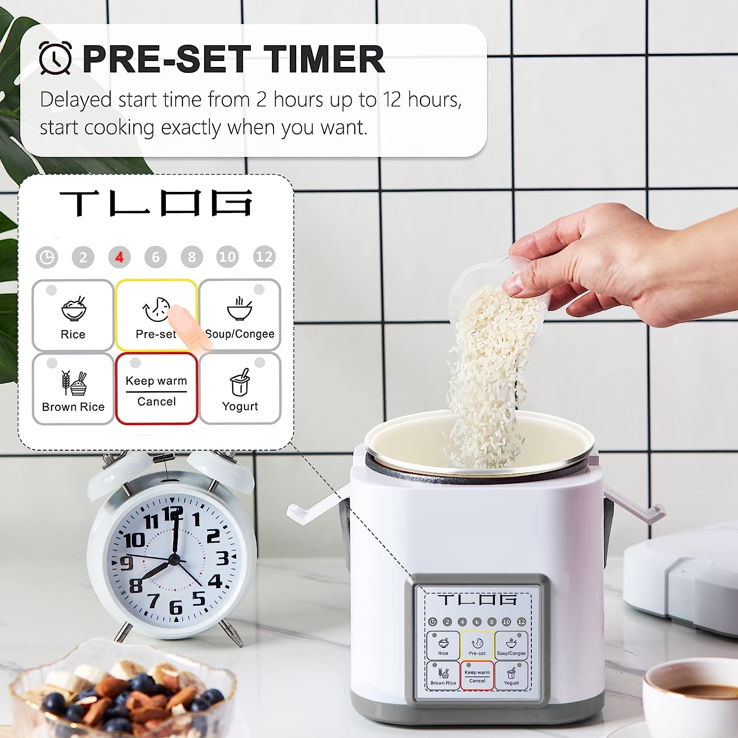 TLOG Mini Rice Cooker 2.5 Cups Uncooked. Healthy Ceramic Coating Portable Rice Cooker. 1.2L Travel Rice Cooker Small for 1-3 People. Personal Rice maker. Food Steamer. 12 Hours delay timer. Multi-cooker for Grains. Oats. Grey-2