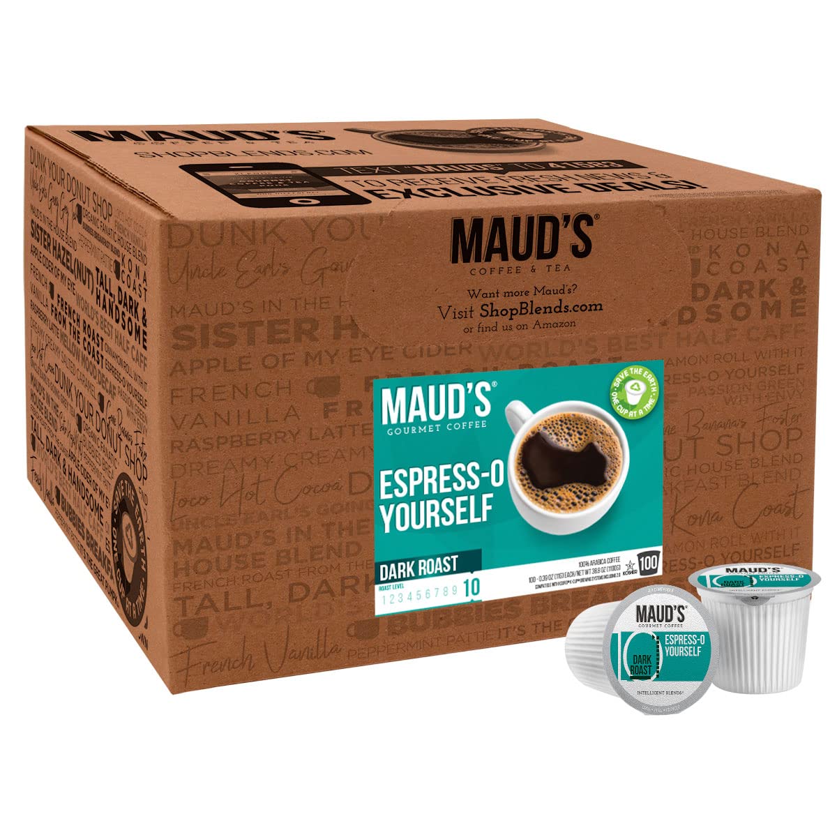 Maud-s Espresso Coffee Dark Roast (Espress-O Yourself). 100ct. Solar Energy Produced Recyclable Single Serve Coffee Pods - Richly Satisfying Arabica Beans California Roasted. Espresso KCup Compatible
