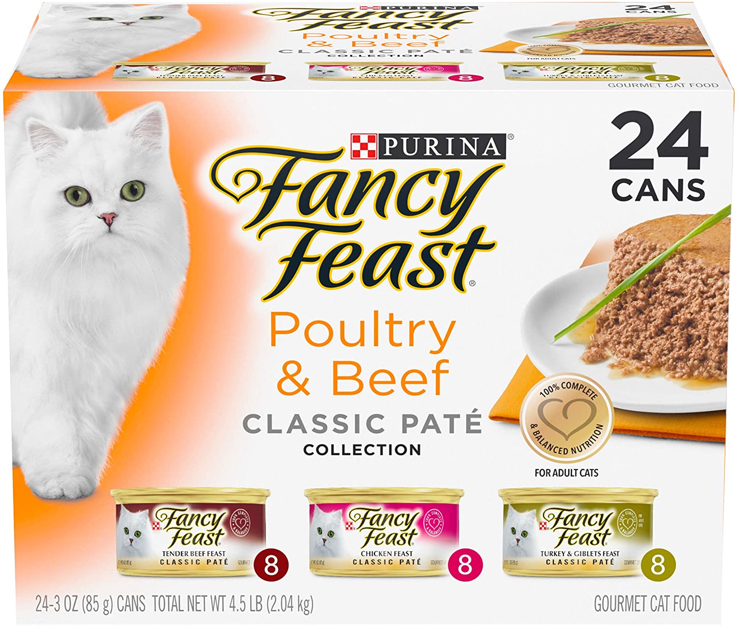 Purina Fancy Feast Grain Free Pate Wet Cat Food Variety Pack. Poultry and Beef Collection - (24) 3 oz. Cans