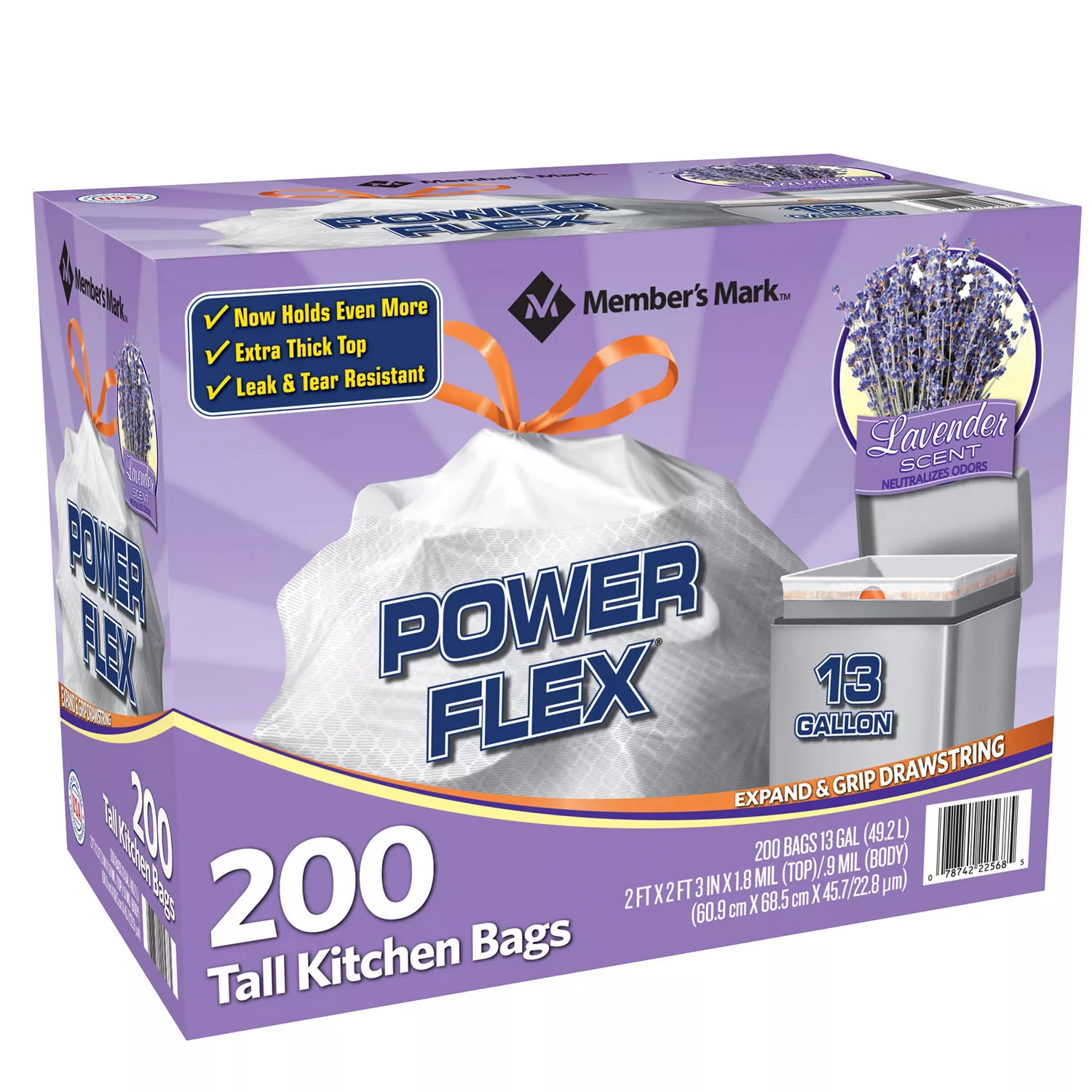 Member-s Mark Power Flex Tall Kitchen Drawstring Trash Bags. Lavender (13 gal.. 200 ct.)