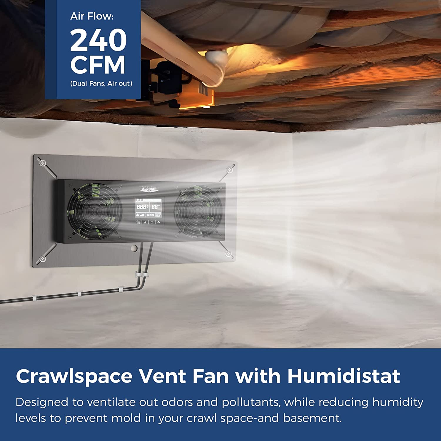 ALORAIR Crawlspace Ventilation Fan. Crawlspace Fan vent with Temperature Humidity Controller. Timing Cycle. Speed Control. for garage. shed. crawl space. basements. 240CFM (Air-out)