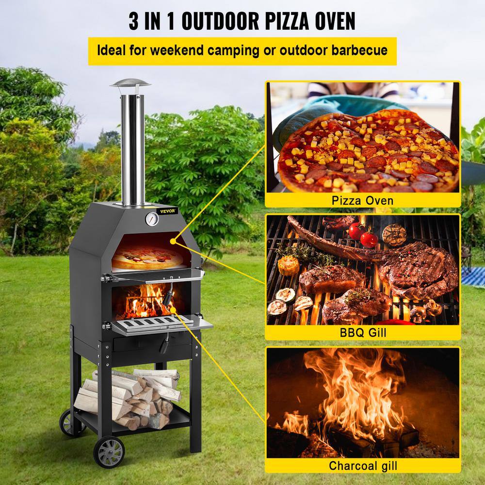 VEVOR LDSPSLLZXBDDWRLHEV0 Pizza Oven 12 in. Removable Wheels 2-Layer Charcoal Burning Outdoor Pizza Oven with Pizza Stone for Barbecue in Black