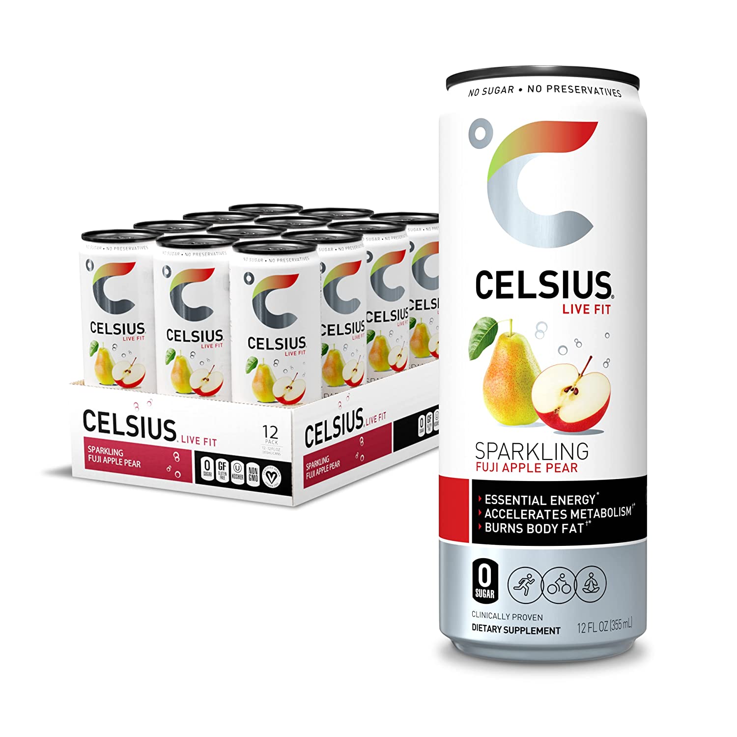 CELSIUS Essential Energy Drink 12 Fl Oz. Sparkling Fuji Apple Pear (Pack of 12)