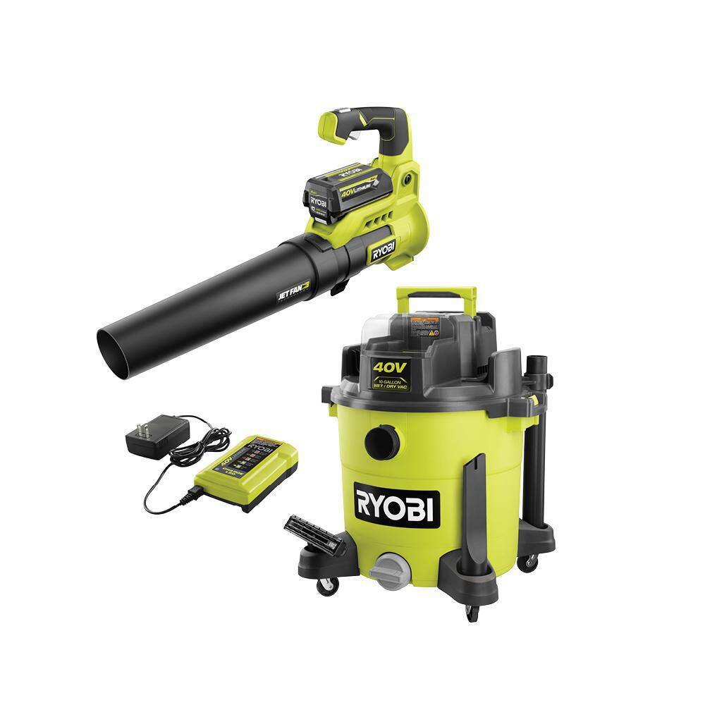 RYOBI RY40WD01B-RY40480VNM 40V 10 Gal. Cordless Wet/Dry Vacuum with 40V Variable-Speed Jet Fan Leaf Blower. 4.0 Ah Battery. and Charger