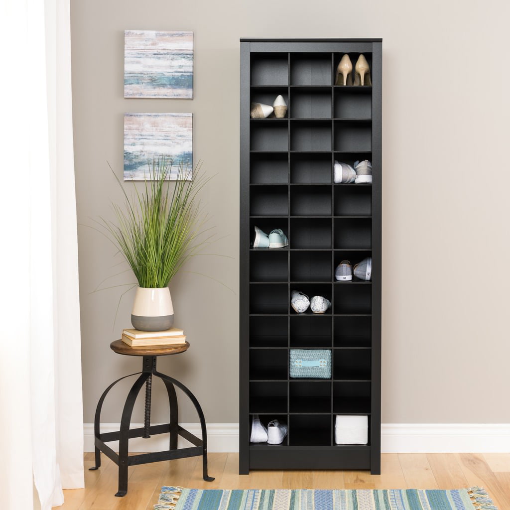 Prepac Space-Saving 36 Pair Shoe Storage Cabinet With Cubbies. Black