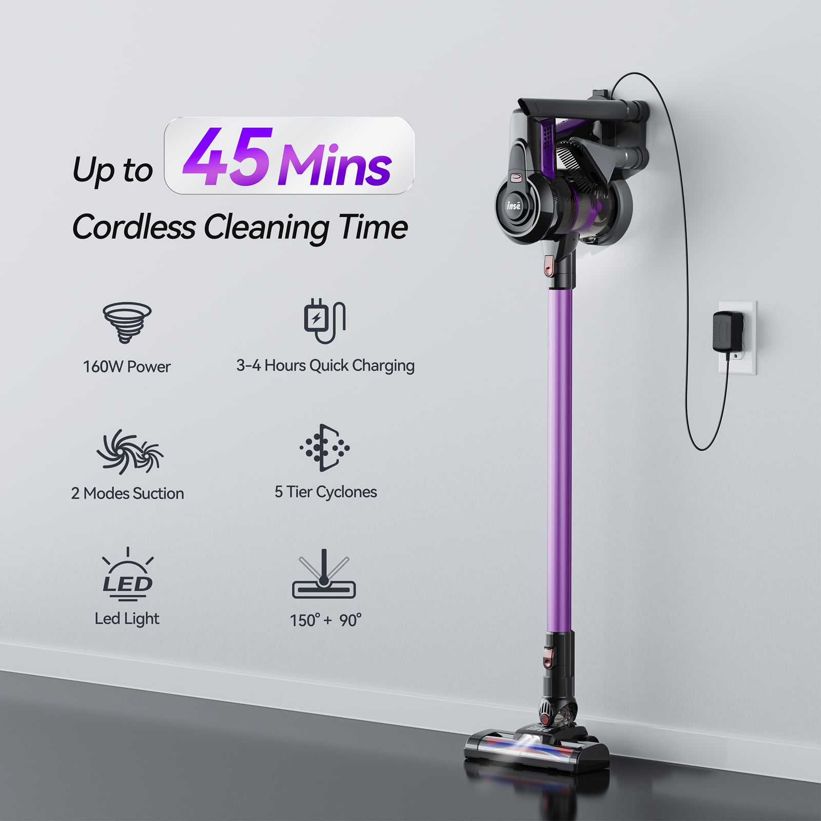 INSE N6P Cordless Vacuum. 20KPa Powerful Vacuum Cleaner with 160W Motor. 4-in-1 Stick Vacuum. Rechargeable Handheld Vacuum Cleaner for Home Hard Floor Carpet Pet Hair - Purple