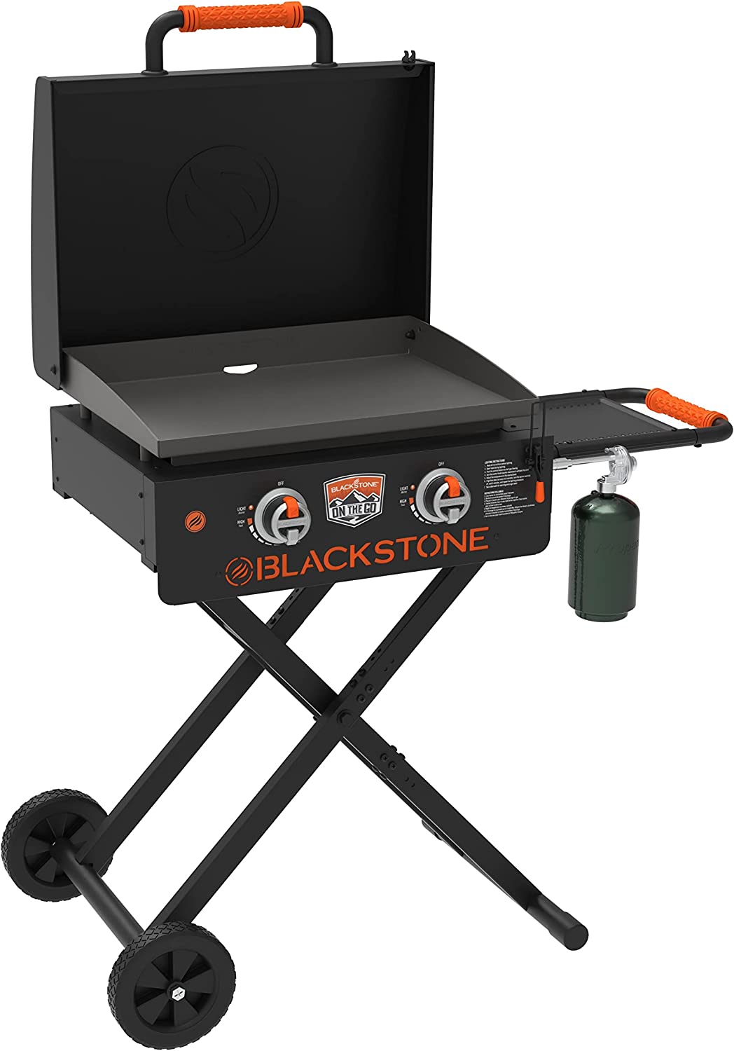 Blackstone 1935 On The Go Scissor-Leg Two Burners Gas Hood. Wheels. Side Shelf Heavy Duty Outdoor Stainless Steel Griddle for Backyard. Patio Camping. 22. Black