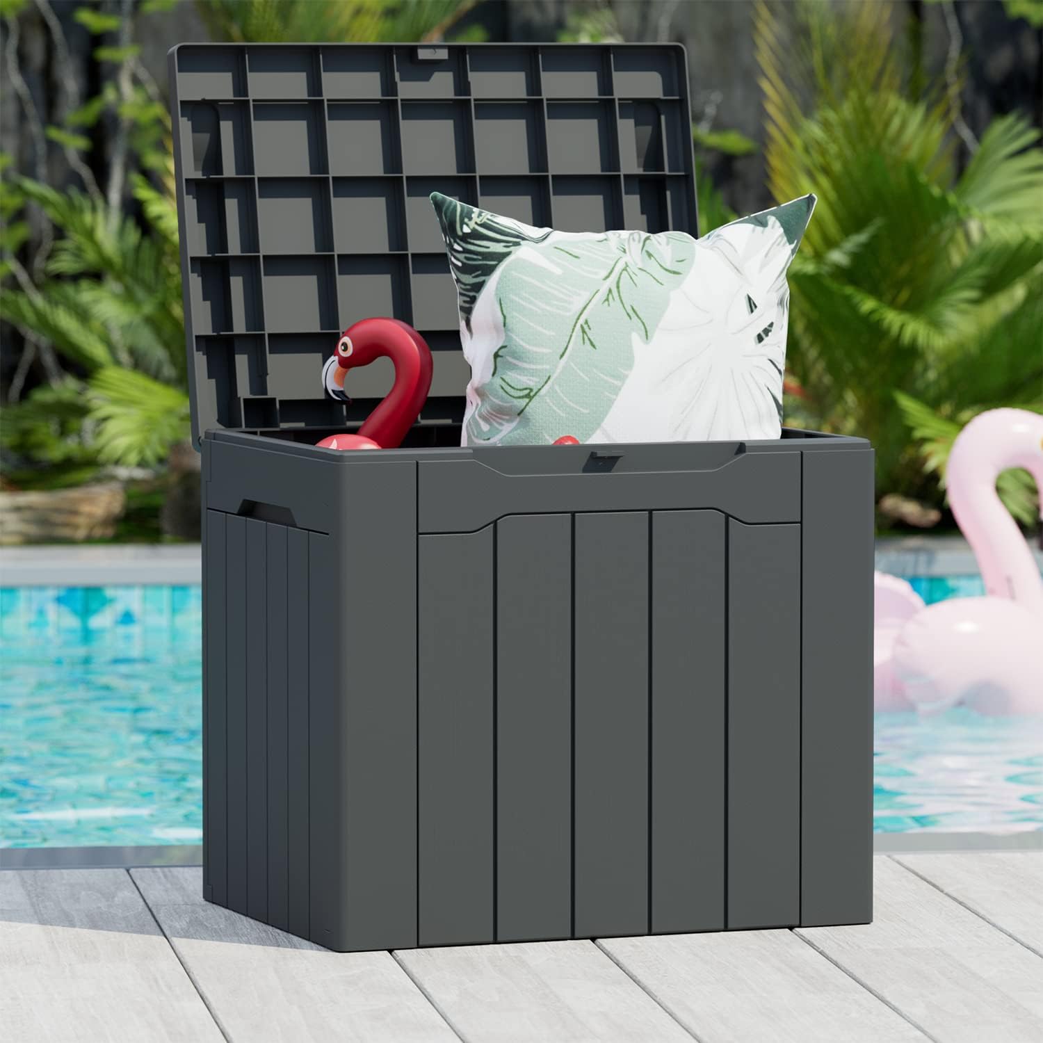 Greesum 31 Gallon Resin Deck Box Large Outdoor Storage for Patio Furniture. Garden Tools. Pool Supplies. Weatherproof and UV Resistant. Lockable. Dark Grey