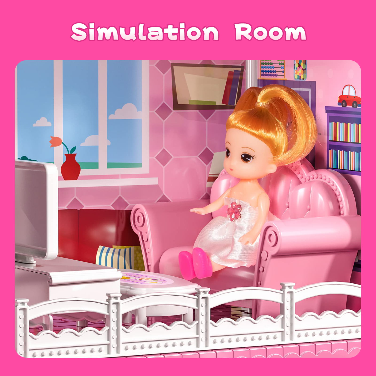 HopeRock Dollhouse Toys for Girls. 6 Rooms Doll House Furnitures with Slide. Dream House Doll House for Girls Boys Age 3+