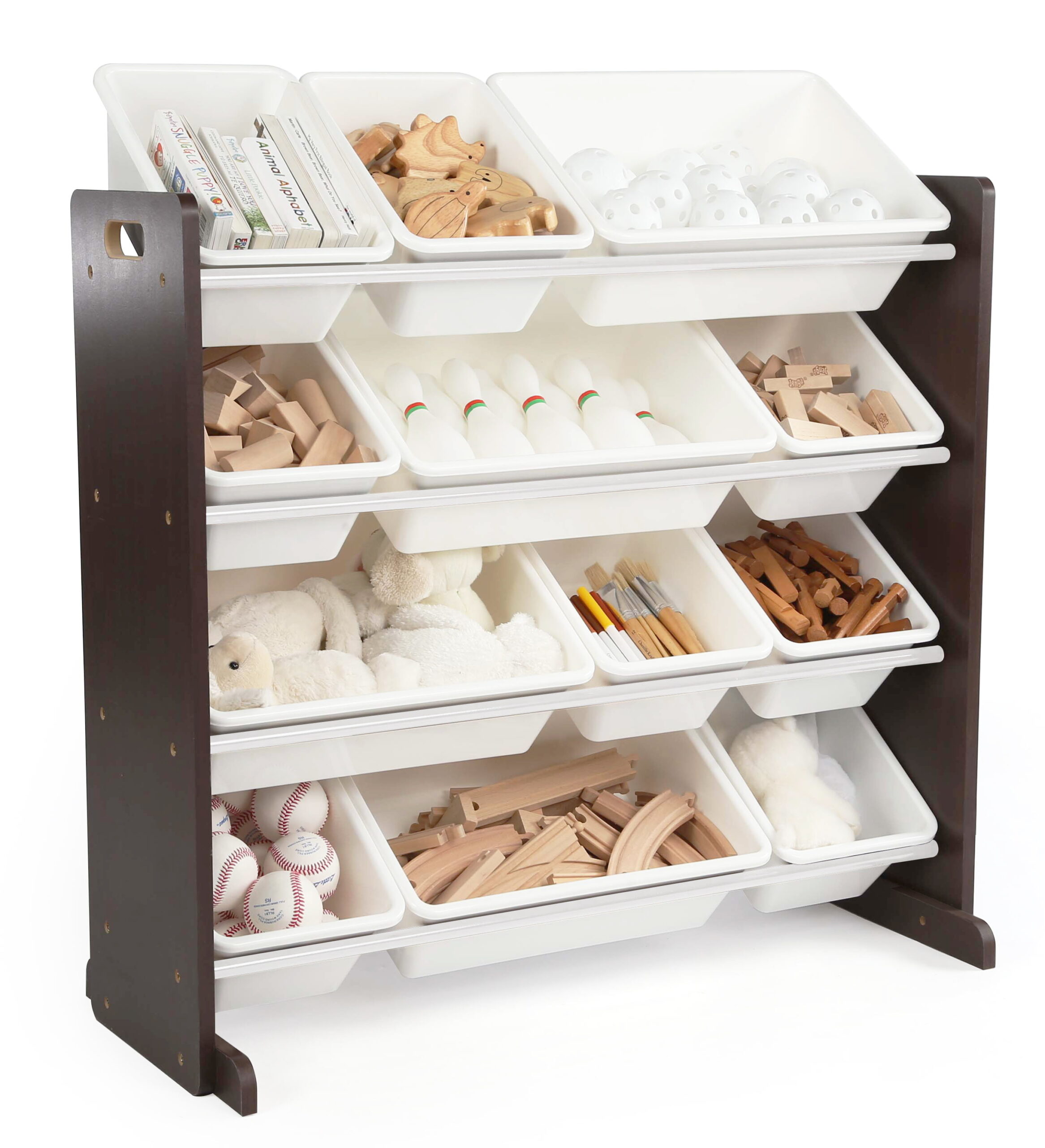 Humble Crew Children Plastic Organizing Rack with 12 Bins. Espresso and White