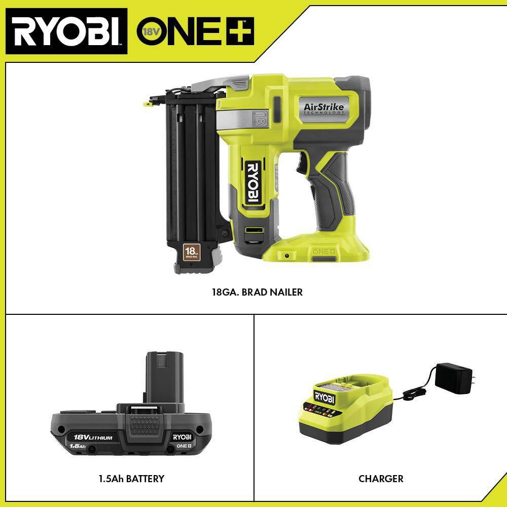 RYOBI P321KN ONE+ 18V 18-Gauge Cordless AirStrike Brad Nailer with 1.5 Ah Battery and Charger