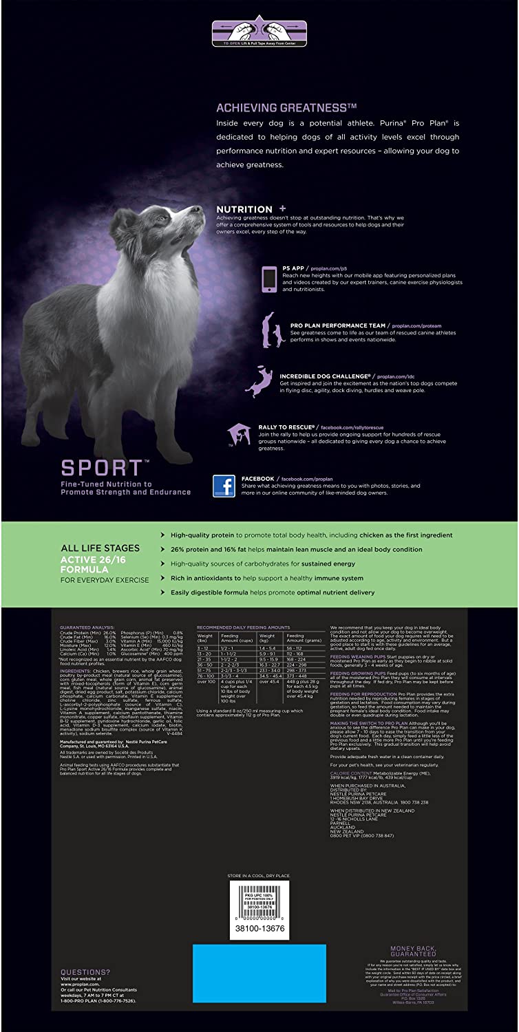 Purina Pro Plan Dry Dog Food. SPORT Active 26/16 Formula - 37.5 lb. Bag