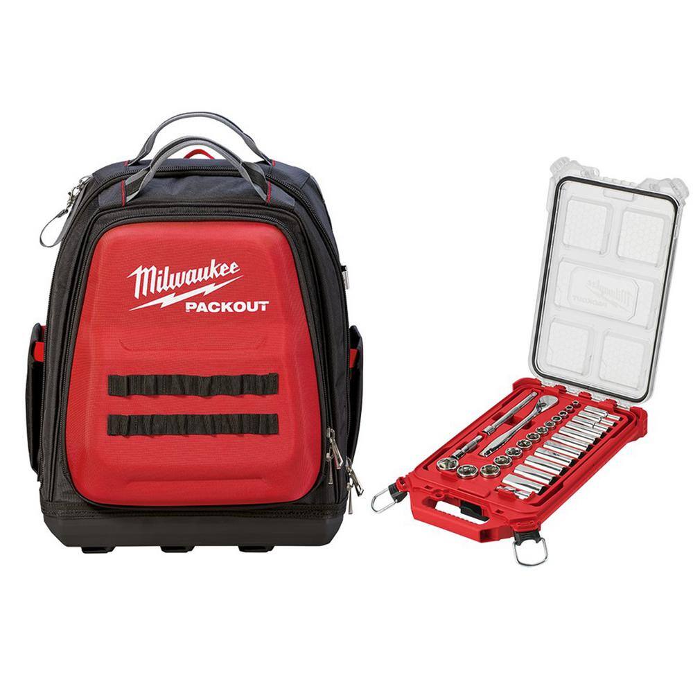 Milwaukee 48-22-8301-48-22-9481 15 in. PACKOUT Backpack and 3/8 in. Drive SAE Ratchet and Socket Mechanics Tool Set with PACKOUT Case (28-Piece)