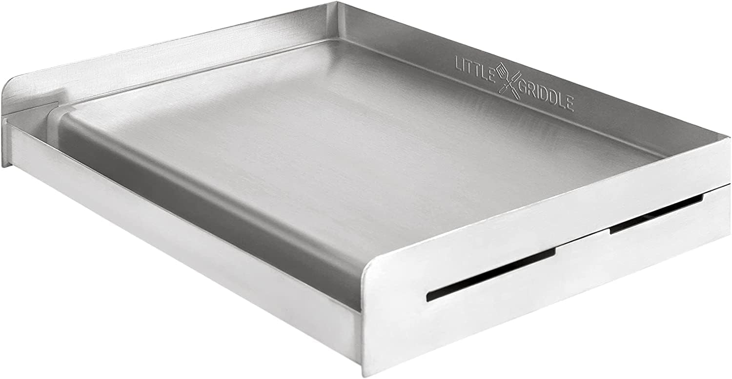 LITTLE GRIDDLE Sizzle-Q SQ180 100% Stainless Steel Universal Griddle with Even Heating Cross Bracing for Charcoal/Gas Grills. Camping. Tailgating. and Parties (18″x13″x3″)
