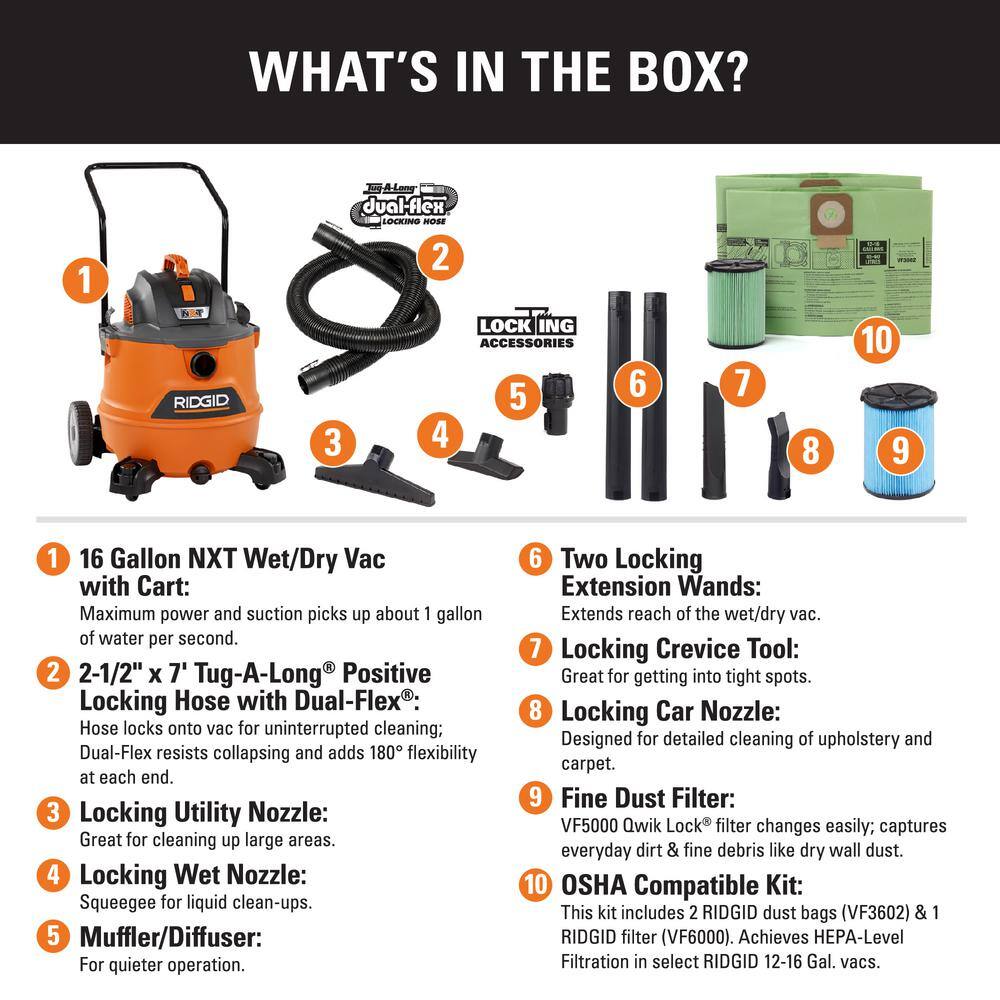 RIDGID HD1800A 16 Gallon 6.5 Peak HP NXT Wet/Dry Shop Vacuum. Fine Dust Filter. Locking Hose. Accessories. OSHA and HEPA Filtration Kit