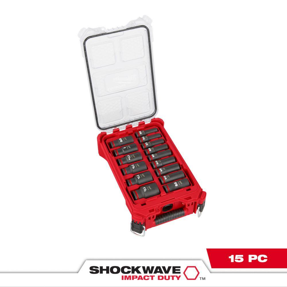 Milwaukee 49-66-6802 SHOCKWAVE Impact-Duty 1/2 in. Drive SAE Deep Well Impact PACKOUT Socket Set (15-Piece)