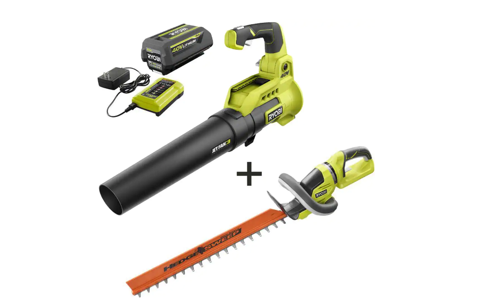 RYOBI RY40480VNM-HDG 40V 110 MPH 525 CFM Cordless Variable-Speed Jet Fan Leaf Blower & 24 in. Hedge Trimmer with 4.0 Ah Battery & Charger