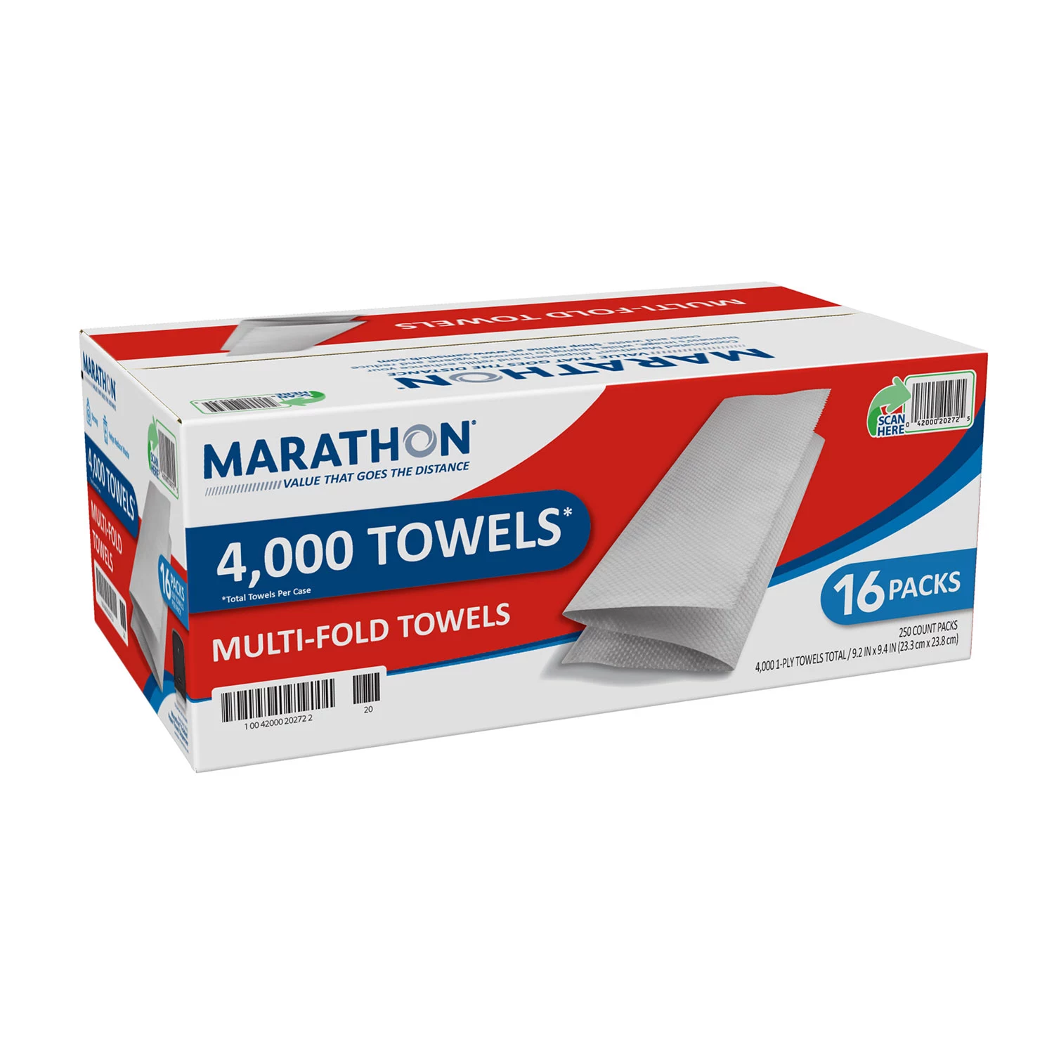 Marathon Multifold 1-Ply Paper Towels. 9.2″ x 9.4″. White (250 towels/pk.. 16 pks./case)