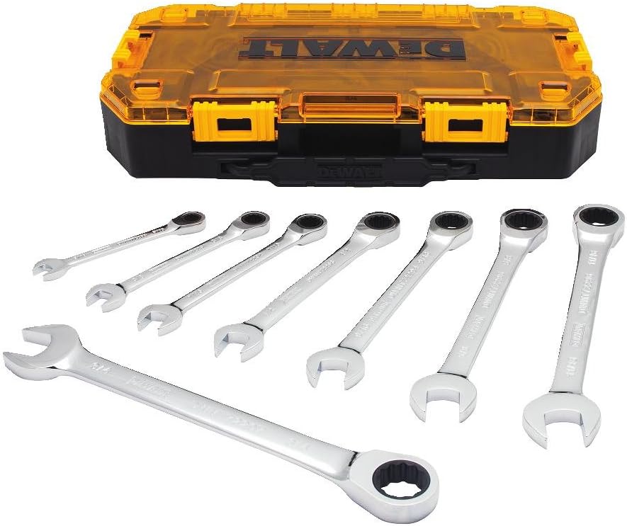 DEWALT Wrench Set. Combination Ratchet Wrench SAE. Direct Torque Technology. Lockable Case Included. 8 Piece (DWMT74733)