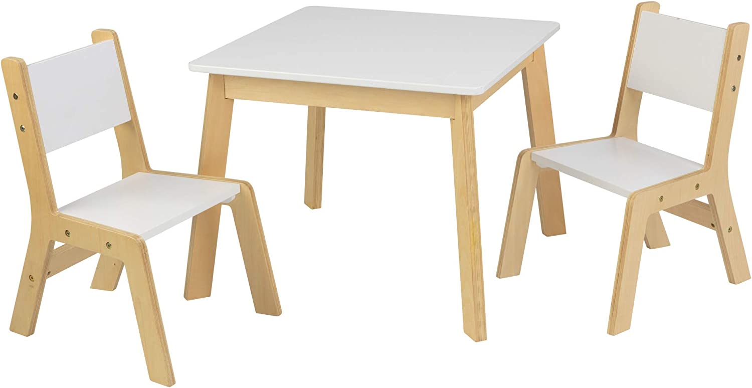 KidKraft Wooden Modern Table & 2 Chair Set. Children-s Furniture. White & Natural. Gift for Ages 3-8. 23.6 x 23.6 x 19